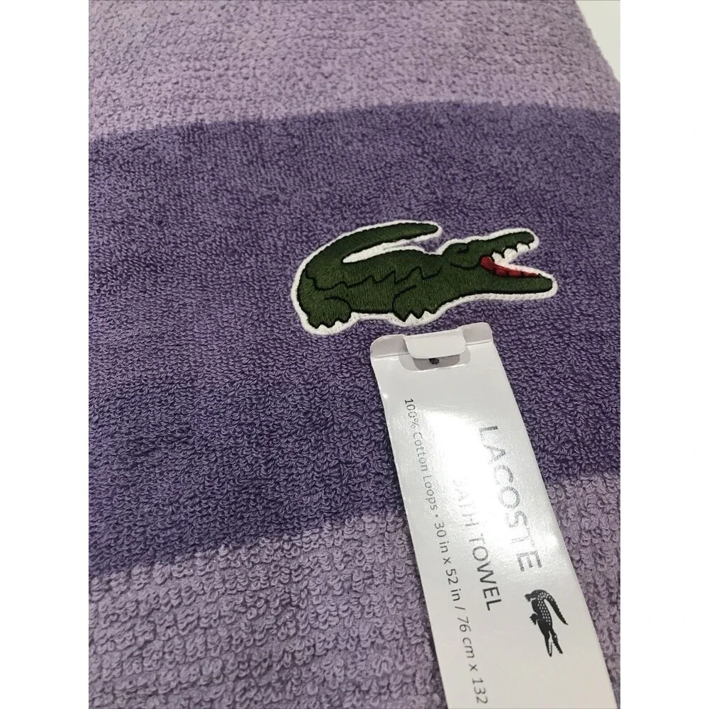 Lacoste Purple Bath Towel Big Crocodile Logo Textured 100% Cotton 30
